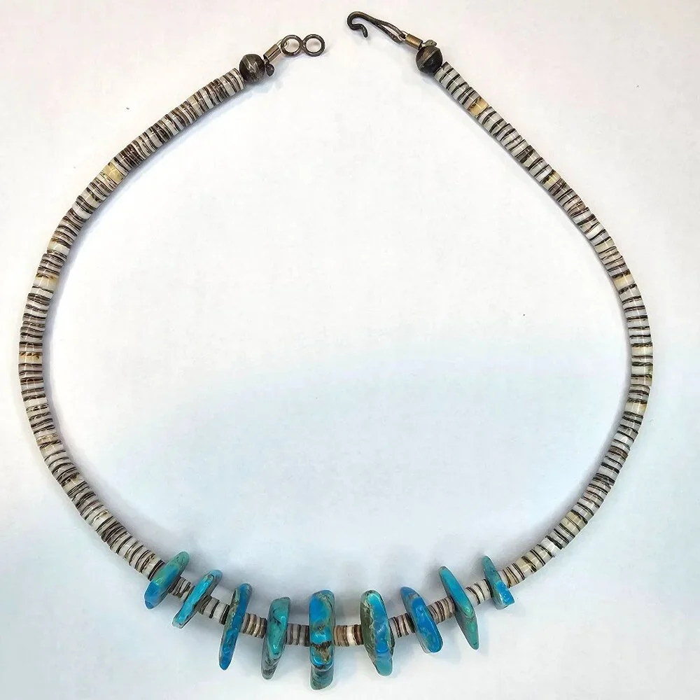 Vintage Natural Nugget Turquoise & Heishi Shell Beaded Chocker Necklace, 15” - Picture 2 of 7